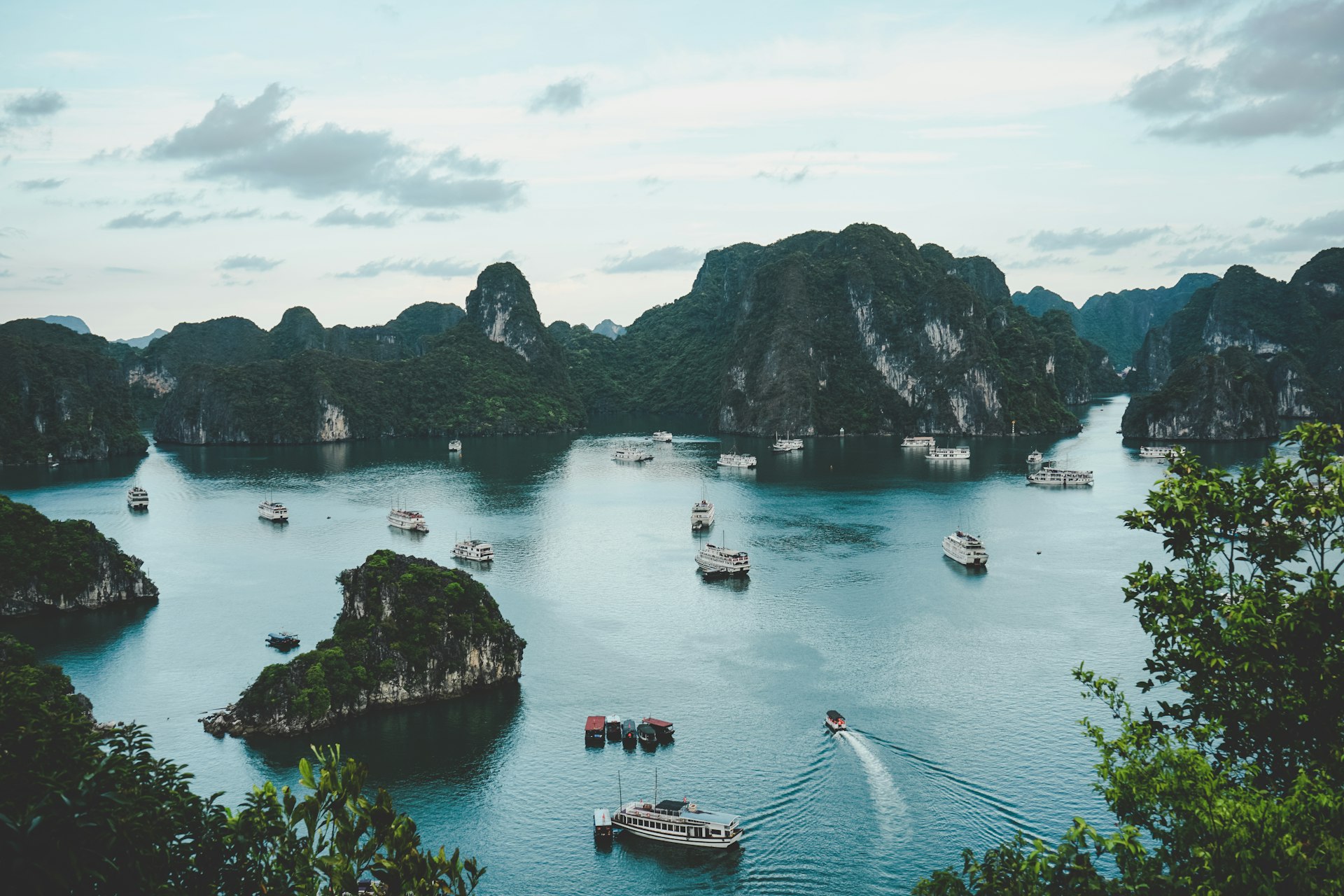 Ha Long Bay in Vietnam, with limestone islands and boats